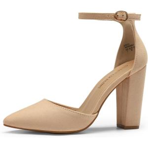 image:imageDREAM PAIRS Womens Coco High Heels Chunky Block Pumps Pointed Closed Toe Ankle Strap Dress ShoesNudeSuede