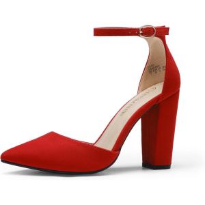 image:imageDREAM PAIRS Womens Coco High Heels Chunky Block Pumps Pointed Closed Toe Ankle Strap Dress ShoesRedSuede