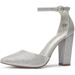 image:imageDREAM PAIRS Womens Coco High Heels Chunky Block Pumps Pointed Closed Toe Ankle Strap Dress ShoesSilverGlitter