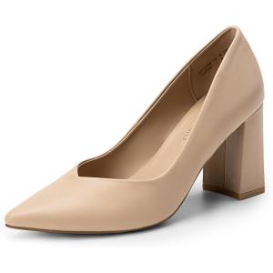 image:imageDREAM PAIRS Womens High Chunky Closed Toe Block Heels Pointed Toe Wedding Party Elegant Slip On Pumps ShoesNudePu