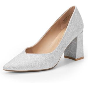 image:imageDREAM PAIRS Womens High Chunky Closed Toe Block Heels Pointed Toe Wedding Party Elegant Slip On Pumps ShoesSilver