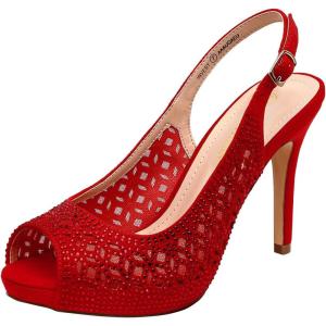image:imageDREAM PAIRS Womens High Heels Platform Dress Rhinestones Peep Toe Pumps ShoesRedSuede