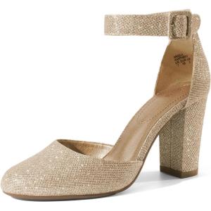image:imageDREAM PAIRS Womens High Heel Ankle Strap Closed Toe Chunky Wedding Pumps ShoesGoldGlitter
