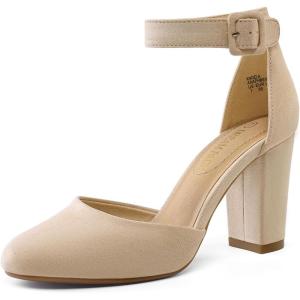 image:imageDREAM PAIRS Womens High Heel Ankle Strap Closed Toe Chunky Wedding Pumps ShoesNudeSuede
