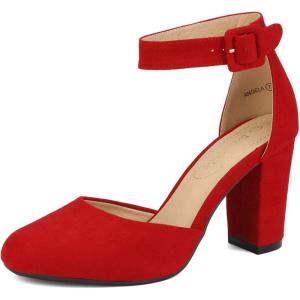 image:imageDREAM PAIRS Womens High Heel Ankle Strap Closed Toe Chunky Wedding Pumps ShoesRedSuede