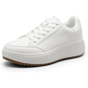 image:imageDREAM PAIRS Women Platform Chunky Lightweight Comfortable Casual Faux Leather Lace Up Dee Walking Fashion SneakersAll Whitepu