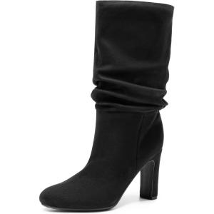 image:imageDREAM PAIRS Slouch Boots for Women Mid Calf Womens Fashion Almond Toe High Heel Fall Winter Dressy BootsBlacksuede