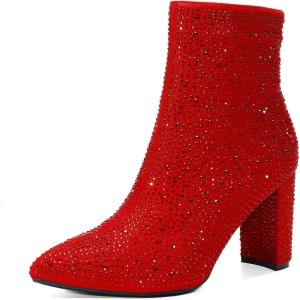 image:imageDREAM PAIRS Womens Chunky Heel Ankle Booties Pointed Toe Short BootsRedrhinestone