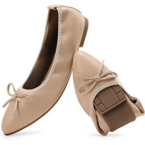 image:imageDREAM PAIRS Womens Foldable Flats Shoes Pointed Toe Ballet Flats Bowknot Comfort Slip on Dress ShoesNude