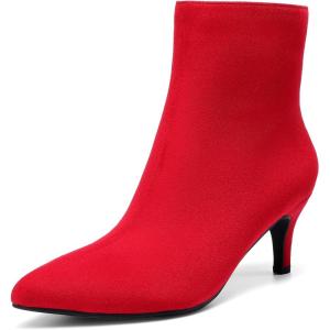 image:imageDREAM PAIRS Womens Kitten Heel Ankle Boots Pointed Toe Side Zipper Fall Leather Ankle Booties for Office WorkRed