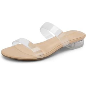 image:imageDREAM PAIRS Womens Slides Heels Slip On Low Block Sandals Two Strap Open Round Toe Chunky Casual Summer Mules ShoesClear