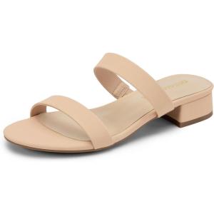 image:imageDREAM PAIRS Womens Slides Heels Slip On Low Block Sandals Two Strap Open Round Toe Chunky Casual Summer Mules ShoesNudenubuck