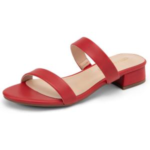 image:imageDREAM PAIRS Womens Slides Heels Slip On Low Block Sandals Two Strap Open Round Toe Chunky Casual Summer Mules ShoesRed