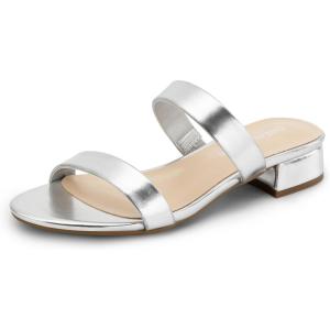 image:imageDREAM PAIRS Womens Slides Heels Slip On Low Block Sandals Two Strap Open Round Toe Chunky Casual Summer Mules ShoesSilver