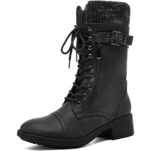 image:imageDREAM PAIRS Womens Winter Lace up Mid Calf Combat Riding Military BootsBlack