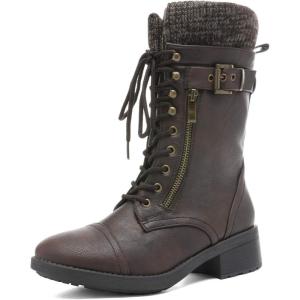 image:imageDREAM PAIRS Womens Winter Lace up Mid Calf Combat Riding Military BootsBrown