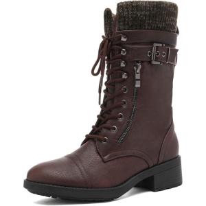 image:imageDREAM PAIRS Womens Winter Lace up Mid Calf Combat Riding Military BootsBurgundy