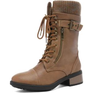 image:imageDREAM PAIRS Womens Winter Lace up Mid Calf Combat Riding Military BootsCamel