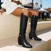 image:imageDREAM PAIRS Womens Cowboy Boots Wide Calf Comfortable Pull On Zipper Chunky Heel Pointed Toe Embroidered Western Cowgirl Knee High Boots Ladies Retro Tall BootBlackPu