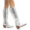 image:imageDREAM PAIRS Womens Cowboy Boots Wide Calf Comfortable Pull On Zipper Chunky Heel Pointed Toe Embroidered Western Cowgirl Knee High Boots Ladies Retro Tall BootMetallic Silver