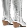 image:imageDREAM PAIRS Womens Cowboy Boots Wide Calf Comfortable Pull On Zipper Chunky Heel Pointed Toe Embroidered Western Cowgirl Knee High Boots Ladies Retro Tall BootMetallic Silver