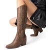 image:imageDREAM PAIRS Womens Cowboy Boots Wide Calf Comfortable Pull On Zipper Chunky Heel Pointed Toe Embroidered Western Cowgirl Knee High Boots Ladies Retro Tall BootLight Brown