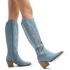 image:imageDREAM PAIRS Womens Cowboy Boots Wide Calf Comfortable Pull On Zipper Chunky Heel Pointed Toe Embroidered Western Cowgirl Knee High Boots Ladies Retro Tall BootDenim Blue