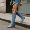 image:imageDREAM PAIRS Womens Cowboy Boots Wide Calf Comfortable Pull On Zipper Chunky Heel Pointed Toe Embroidered Western Cowgirl Knee High Boots Ladies Retro Tall BootDenim Blue