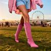 image:imageDREAM PAIRS Womens Cowboy Boots Wide Calf Comfortable Pull On Zipper Chunky Heel Pointed Toe Embroidered Western Cowgirl Knee High Boots Ladies Retro Tall BootHot Pink