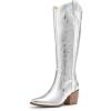 image:imageDREAM PAIRS Womens Cowboy Boots Wide Calf Comfortable Pull On Zipper Chunky Heel Pointed Toe Embroidered Western Cowgirl Knee High Boots Ladies Retro Tall BootMetallic Silver
