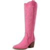 image:imageDREAM PAIRS Womens Cowboy Boots Wide Calf Comfortable Pull On Zipper Chunky Heel Pointed Toe Embroidered Western Cowgirl Knee High Boots Ladies Retro Tall BootHot Pink