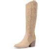 image:imageDREAM PAIRS Womens Cowboy Boots Wide Calf Comfortable Pull On Zipper Chunky Heel Pointed Toe Embroidered Western Cowgirl Knee High Boots Ladies Retro Tall BootSand