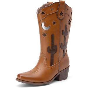 image:imageDREAM PAIRS Girls Cowboy Boots Cowgirl Mid Calf Western Boots with Low Heel Square Toe for Little KidBig KidBrown