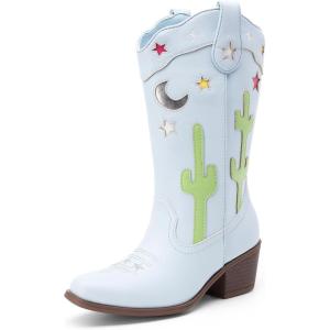 image:imageDREAM PAIRS Girls Cowboy Boots Cowgirl Mid Calf Western Boots with Low Heel Square Toe for Little KidBig KidLight Blue