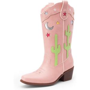 image:imageDREAM PAIRS Girls Cowboy Boots Cowgirl Mid Calf Western Boots with Low Heel Square Toe for Little KidBig KidPink