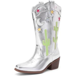 image:imageDREAM PAIRS Girls Cowboy Boots Cowgirl Mid Calf Western Boots with Low Heel Square Toe for Little KidBig KidSilver