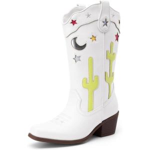 image:imageDREAM PAIRS Girls Cowboy Boots Cowgirl Mid Calf Western Boots with Low Heel Square Toe for Little KidBig KidWhite