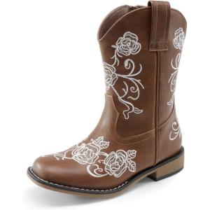 image:imageDREAM PAIRS Girls Cowboy Boots Floral Embroidered Classic Western Cowgirl Boots Square Toe Mid Calf Side Zipper Horsing Party ToddlerLittleBig KidsBrown
