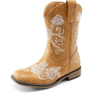 image:imageDREAM PAIRS Girls Cowboy Boots Floral Embroidered Classic Western Cowgirl Boots Square Toe Mid Calf Side Zipper Horsing Party ToddlerLittleBig KidsCamel