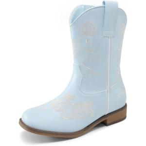 image:imageDREAM PAIRS Girls Cowboy Boots Floral Embroidered Classic Western Cowgirl Boots Square Toe Mid Calf Side Zipper Horsing Party ToddlerLittleBig KidsLight Blue