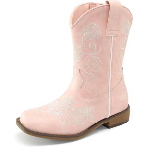 image:imageDREAM PAIRS Girls Cowboy Boots Floral Embroidered Classic Western Cowgirl Boots Square Toe Mid Calf Side Zipper Horsing Party ToddlerLittleBig KidsPink