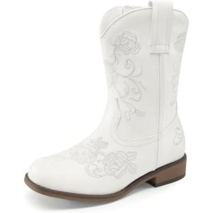 image:imageDREAM PAIRS Girls Cowboy Boots Floral Embroidered Classic Western Cowgirl Boots Square Toe Mid Calf Side Zipper Horsing Party ToddlerLittleBig KidsWhite