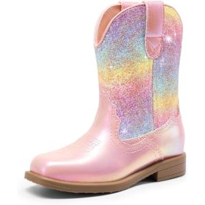 image:imageDREAM PAIRS Toddler Little Boys Girls Cowboy Boots Kids Western Square Toe Riding Mid Calf BootsPinkRainbow
