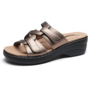image:imageDREAM PAIRS Women Arch Support Slide Sandals Adjustable Straps Slip On Wedge Sandals Casual Comfort Lightweight Flat SlidesBronze