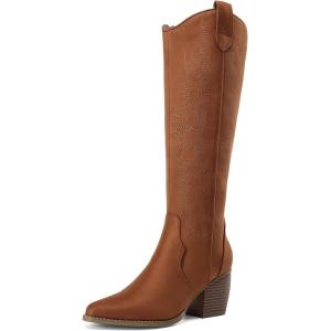 image:imageDREAM PAIRS Womens Cowboy Boots Wide Calf Comfortable Pull On Zipper Chunky Heel Pointed Toe Embroidered Western Cowgirl Knee High Boots Ladies Retro Tall BootBrown