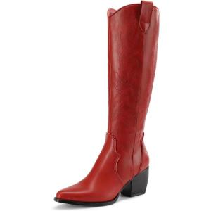 image:imageDREAM PAIRS Womens Cowboy Boots Wide Calf Comfortable Pull On Zipper Chunky Heel Pointed Toe Embroidered Western Cowgirl Knee High Boots Ladies Retro Tall BootRed