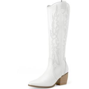 image:imageDREAM PAIRS Womens Cowboy Boots Wide Calf Comfortable Pull On Zipper Chunky Heel Pointed Toe Embroidered Western Cowgirl Knee High Boots Ladies Retro Tall BootAll White