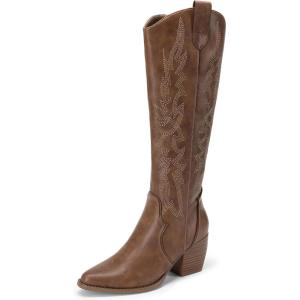 image:imageDREAM PAIRS Womens Cowboy Boots Wide Calf Comfortable Pull On Zipper Chunky Heel Pointed Toe Embroidered Western Cowgirl Knee High Boots Ladies Retro Tall BootLight Brown