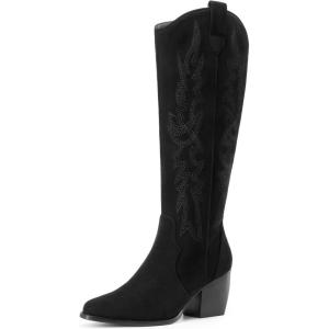image:imageDREAM PAIRS Womens Cowboy Boots Wide Calf Comfortable Pull On Zipper Chunky Heel Pointed Toe Embroidered Western Cowgirl Knee High Boots Ladies Retro Tall BootBlack