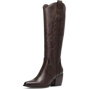 image:imageDREAM PAIRS Womens Cowboy Boots Wide Calf Comfortable Pull On Zipper Chunky Heel Pointed Toe Embroidered Western Cowgirl Knee High Boots Ladies Retro Tall BootBrownPu